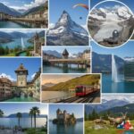 İsviçre gezilecek en iyi 10 yerin kolajı: Matterhorn, Jungfraujoch, Kapellbrücke, Lavaux ve Cenevre Jet d'Eau. İsviçre gezi bütçesi rehberi.