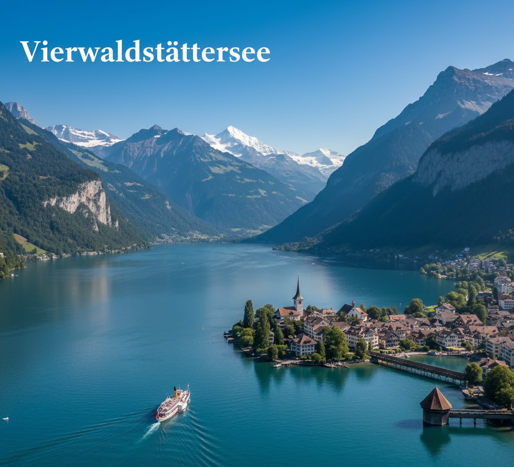 Genfersee (Lac Léman) Jet d'Eau, Kapellbrücke am Vierwaldstättersee, Ansichten des Zürichsees, Bodensees, Luganersees, Langensees, Thunersees und Brienzersees.