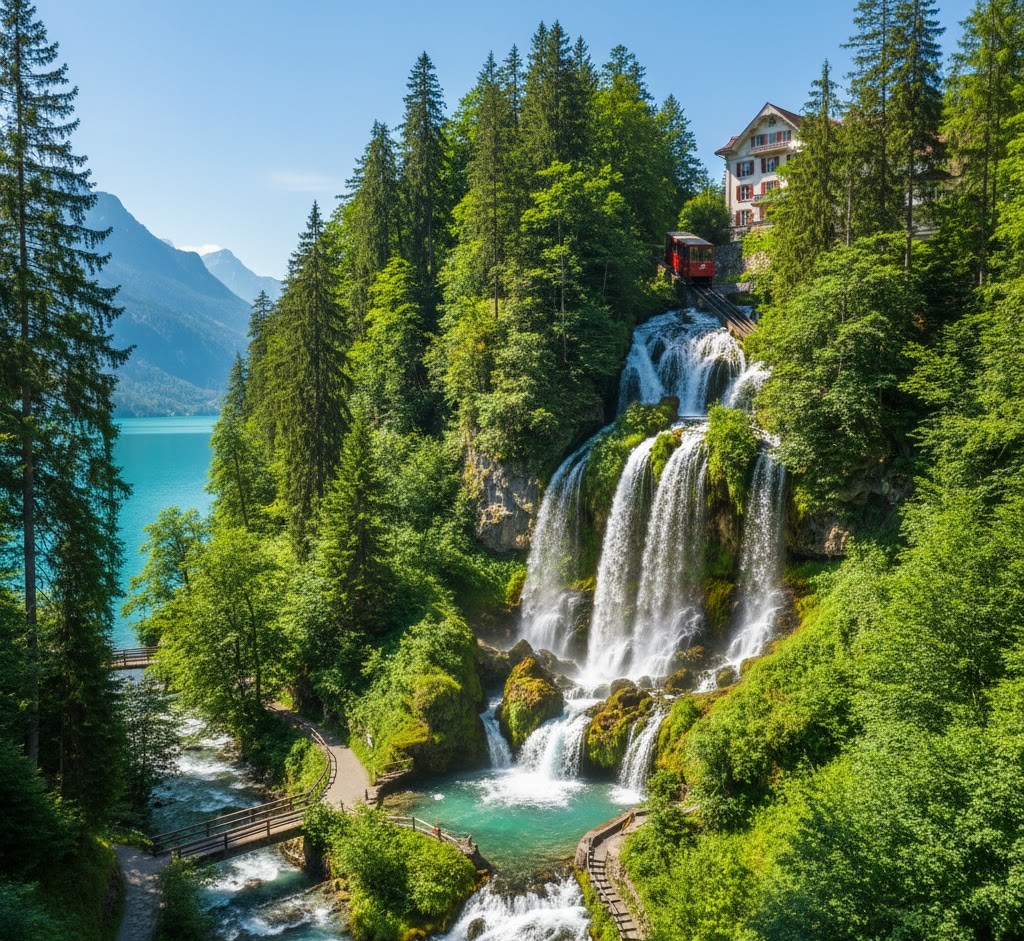 Brienz Gölü'nün güney kıyısında yer alan Giessbach Şelaleleri. Bernese Oberland'ın bu etkileyici doğa harikası, teraslar halinde dökülen suları ve çevresindeki yemyeşil ormanlarıyla ziyaretçilerine görsel bir şölen sunar. Eski bir otel ve füniküler de kadrajda yer alıyor."