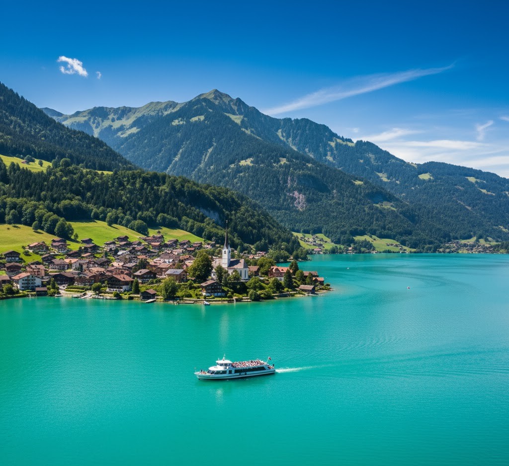 Bernese Oberland'da turkuaz rengi sularıyla göz kamaştıran Lungern Gölü ve kıyısında yer alan şirin Lungern kasabası. Alp dağlarıyla çevrili bu huzurlu göl ve köy, tekne gezintileri ve doğa sporları için popüler bir destinasyon."