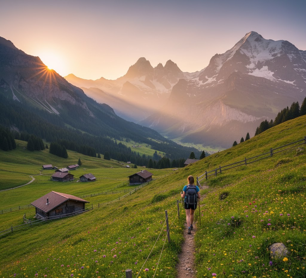 "Bernese Oberland'da, Kleine Scheidegg veya Männlichen bölgesinde Alp çayırlarında bir yürüyüşçü. Gün batımının altın rengi ışıkları dağları ve vadiyi aydınlatırken, bölgenin huzurlu ve büyüleyici doğasını gözler önüne seriyor."