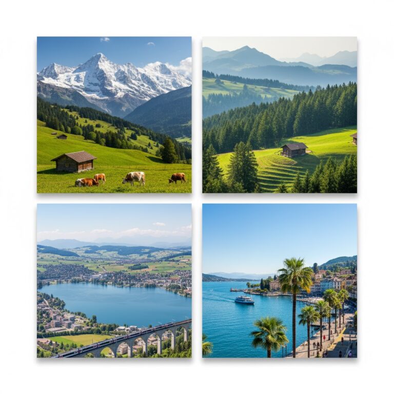 İsviçre'nin coğrafi bölgeleri: Alp Dağları, Mittelland (İsviçre Platosu), Jura Dağları ve palmiyeli Ticino.