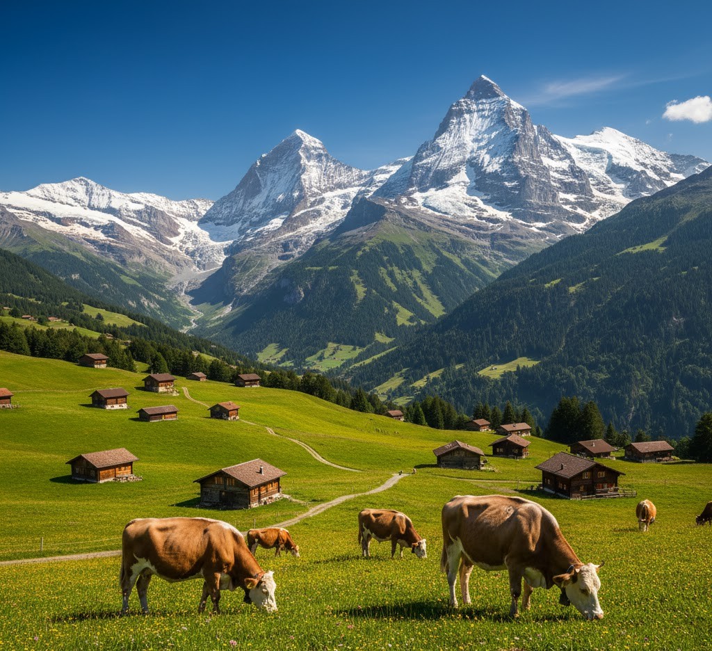 "İsviçre'nin Bernese Oberland bölgesinde, Grindelwald vadisindeki yeşil dağ çayırları ve geleneksel ahşap dağ evleri. Arka planda karlı zirveleriyle Wetterhorn ve Schreckhorn dağları yükseliyor, bölgenin ikonik Alp manzarasını oluşturuyor."