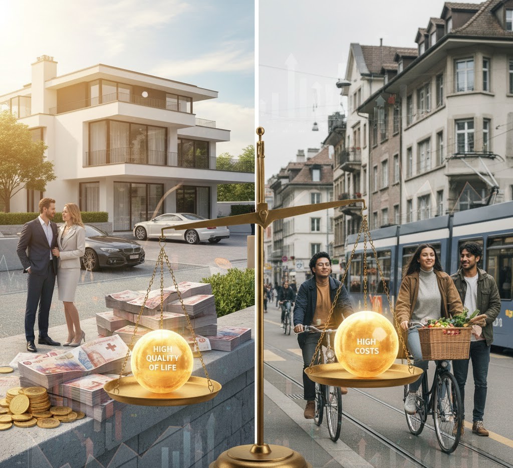 Grafico di bilancio comparativo: Redditi elevati vs. spese elevate nella vita e nel lavoro in Svizzera.