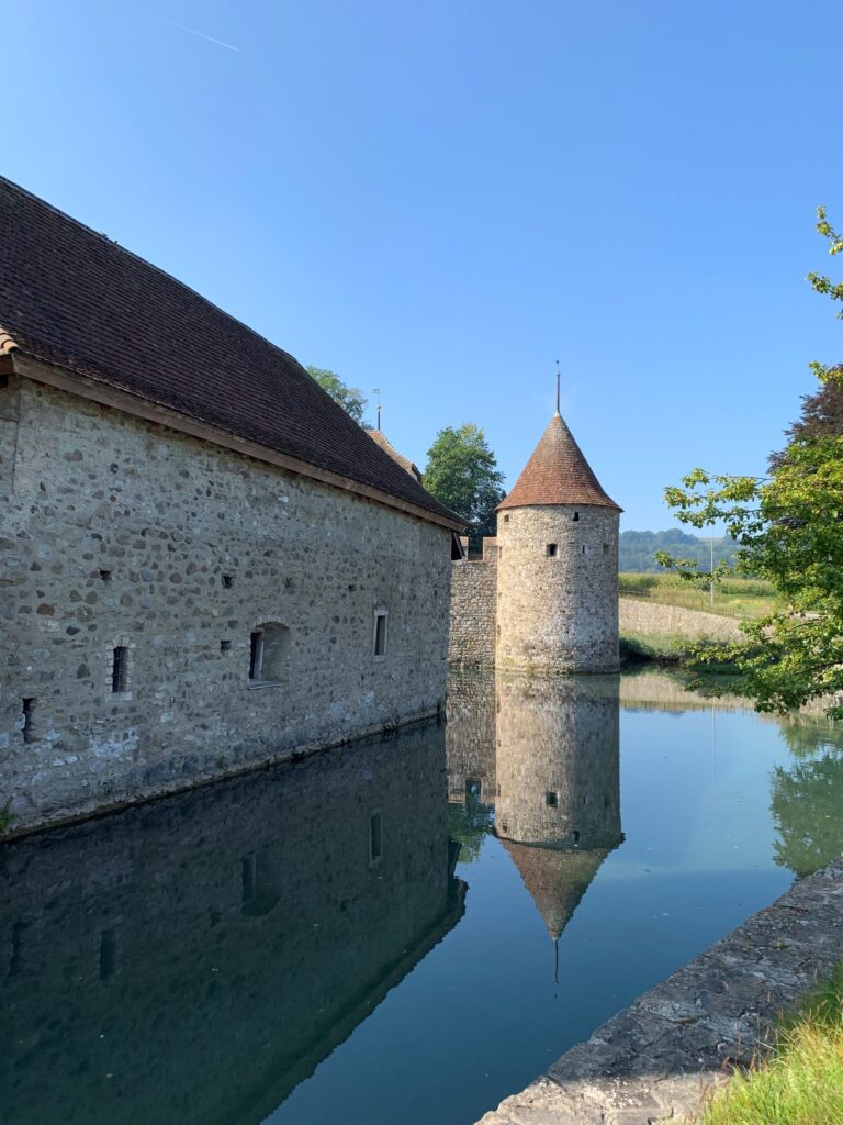 Historic Hallwyl Castle on Lake Hallwil surrounded by calm water, Aargau, Switzerland.