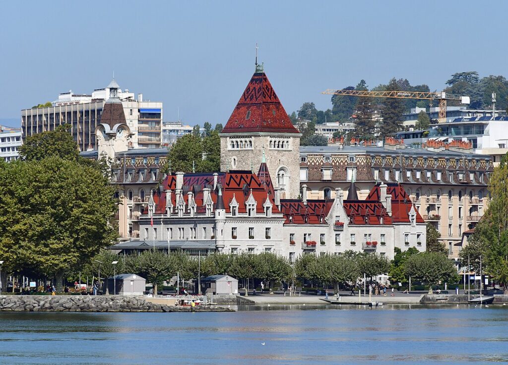 Historic Château d’Ouchy at the edge of Lake Geneva in Lausanne, Switzerland.”