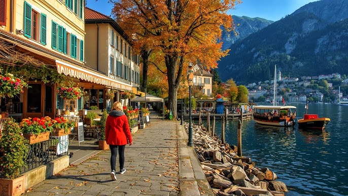 Lake Lugano and town with red-tiled roofs, Ticino.