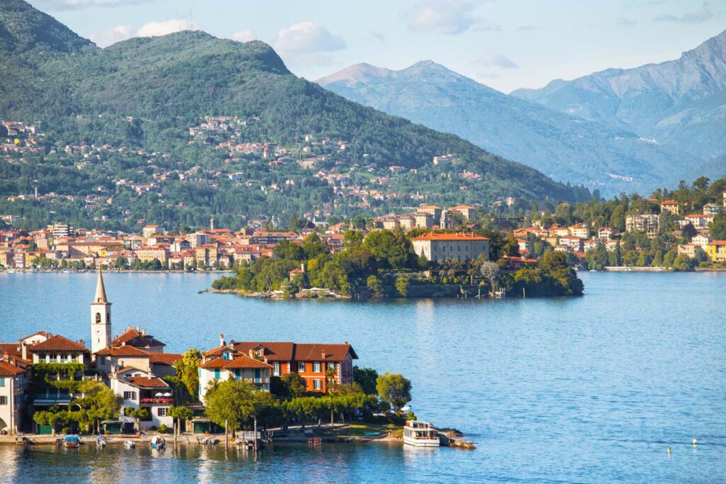Lake Maggiore shoreline with the town of Ascona, Ticino.