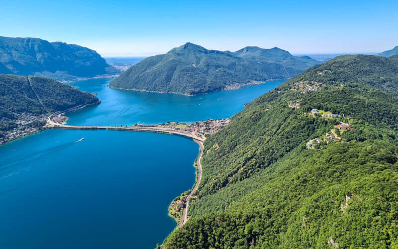 Panoramic view of Lake Lugano from Monte San Salvatore.