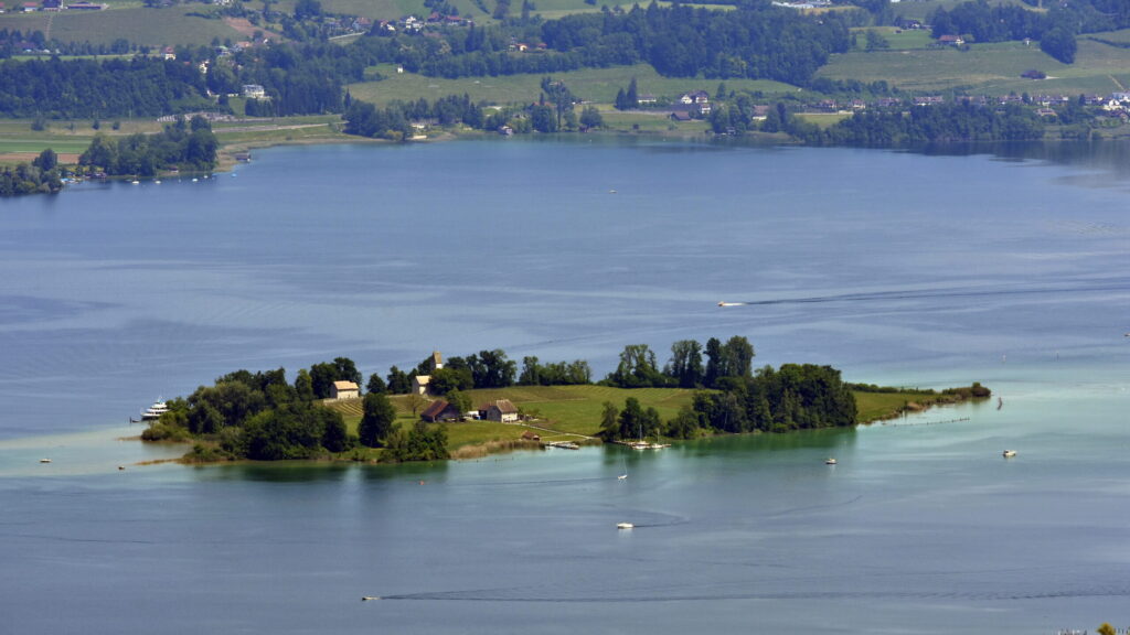 Peaceful Ufenau Island with historic chapel on Lake Zurich, Schwyz, Switzerland.