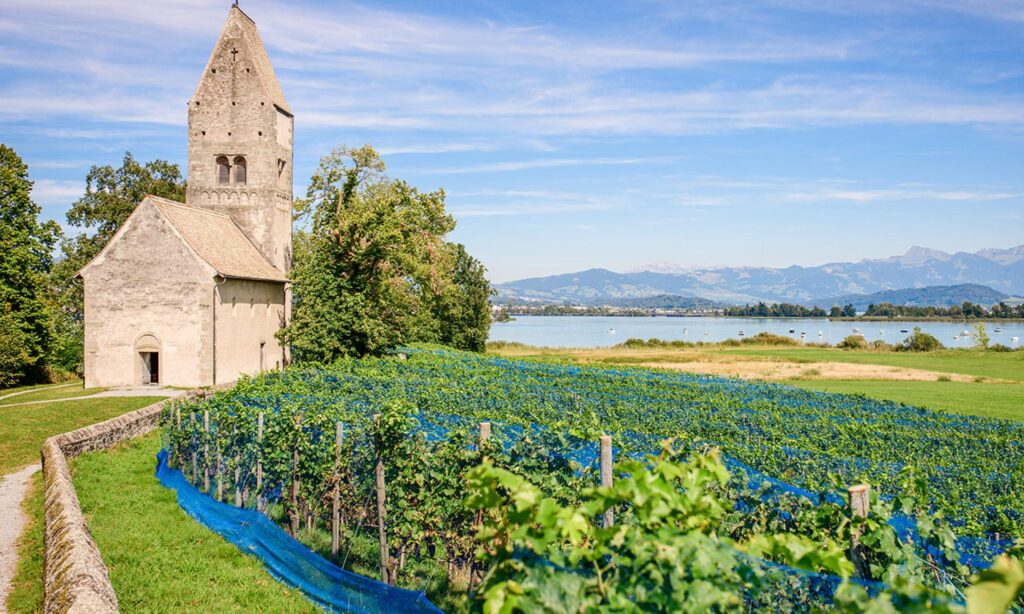 Peaceful Ufenau Island with historic chapel on Lake Zurich, Schwyz, Switzerland.
