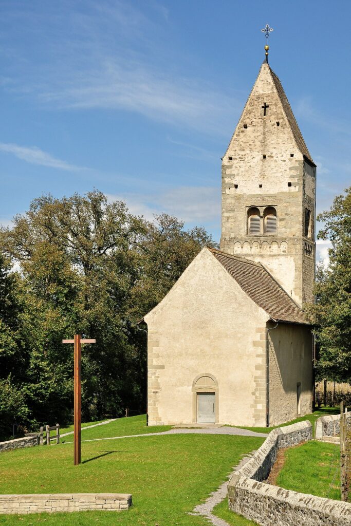 Peaceful Ufenau Island with historic chapel on Lake Zurich, Schwyz, Switzerland,St. Peter