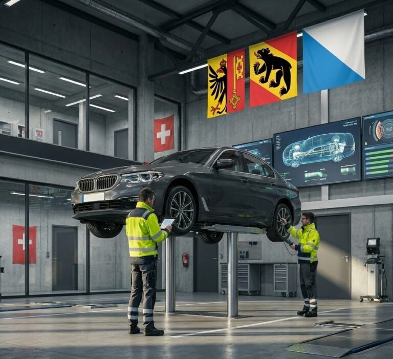 A detailed 3D scene of a car on a hydraulic lift inside a Swiss MFK inspection center with inspectors and subtle Swiss symbols.