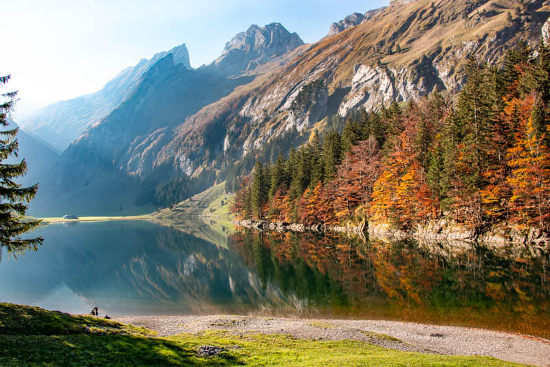 Serene mountain lake Seealpsee in the Alpstein Alps, Switzerland.1