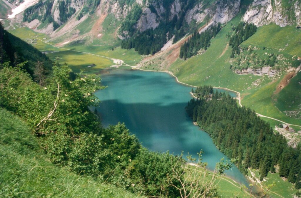 Top-down view of Seealpsee showing turquoise water and surrounding hiking paths in Appenzell