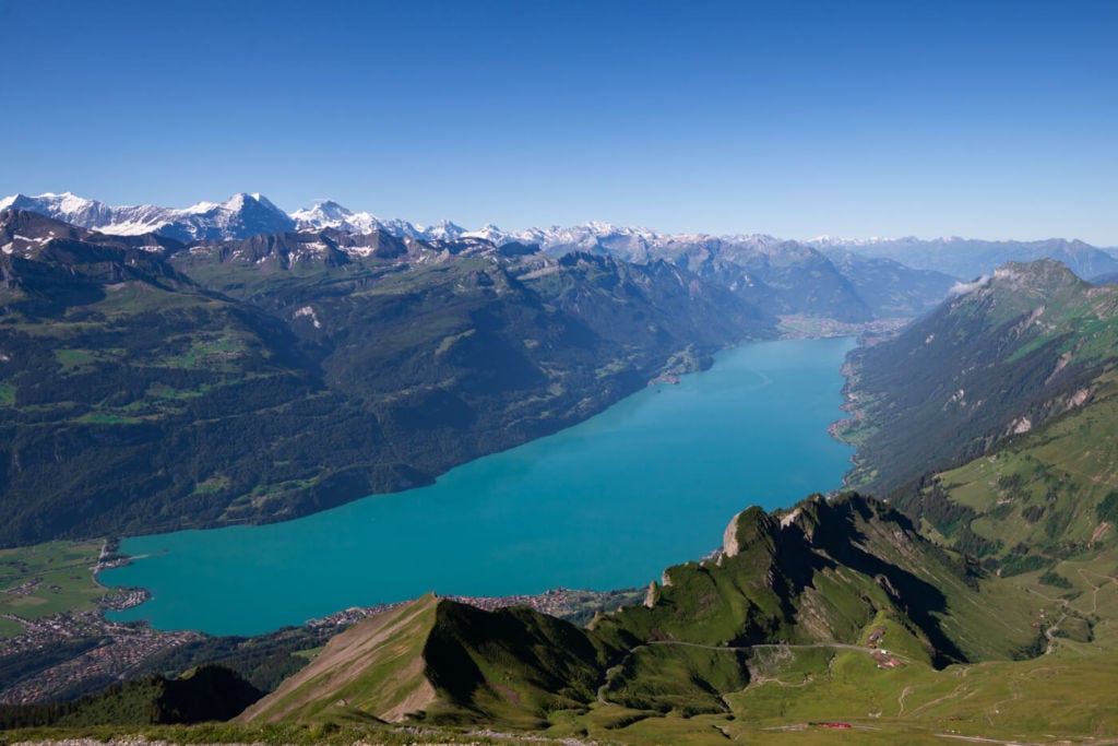 View from Brienzer Rothorn over Lake Brienz and the Swiss Alps, Switzerland.