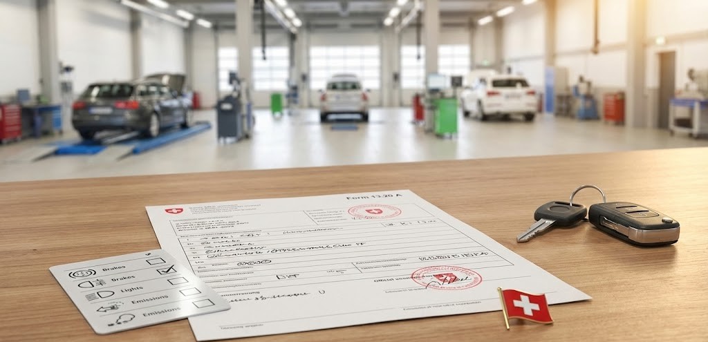 A close-up 3D view of MFK-related documents, car keys, and a Swiss flag pin on a desk with an inspection hall in the blurred background.