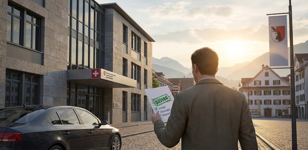 A 3D scene of a driver walking out of an MFK center with a car nearby, symbolizing successful completion of the inspection.