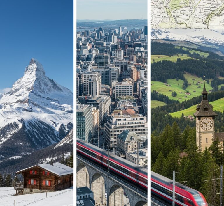 A photorealistic triptych showcasing the three main Swiss regions: the majestic, snowy Alps (left), the dense, modern cityscape of the Mittelland (center), and the rolling, forested hills of the Jura (right). The image emphasizes the geographic and administrative diversity of the 26 Cantons.