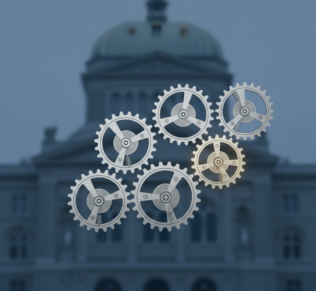 A conceptual, photorealistic graphic showing seven equal, interlocked gears resembling a clockwork mechanism, with one gear subtly glowing. This represents the Swiss Federal Council's 'Konkordanz' model, emphasizing collective leadership, precision, and the symbolic rotation of the Presidency.